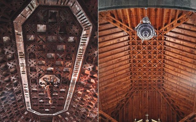 Derecha: Artesonados perteneciente a una casona de la isla baja, en el norte de Tenerife. Izquierda: Rplica de artesonados mudjares, siglo XXI.